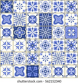 Portuguese tiles. Vector illustration of Azulejo on white background. Mediterranean style. Blue design.