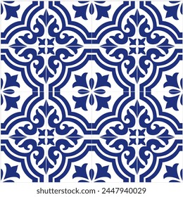 Portuguese tiles. Tiles in white and blue. Ceramic Tiles. Hydraulic Portuguese ceramic design. EPS Illustration. 