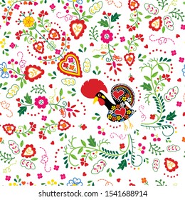 portuguese traditional folk pattern with black rooster from Barcelos and hearts