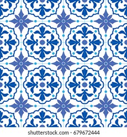 Portuguese traditional ornate azulejo, seamless vector pattern in blue and white colors