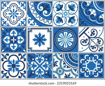 Patrón ininterrumpido de azulejos tradicionales portugueses. Fondo abstracto persa, elementos azules y blancos. Ilustración del vector