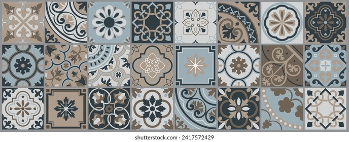 Portuguese traditional tiles seamless pattern. Persian abstract background, blue and white elements. Vector illustration.