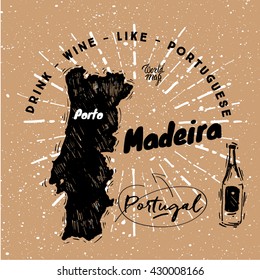 Portuguese traditional wine with graphic elements on the map of Portugal. Paper background