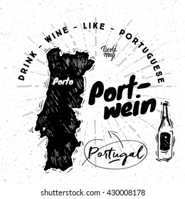 Portuguese traditional wine with graphic elements on the map of Portugal. 