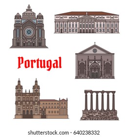 Portuguese travel landmark of famous architectural sights thin line icon set. Basilica of Santa Luzia, Monastery of Sao Vicente de Fora, Temple of Diana, National Theatre, Church of Nossa Senhora