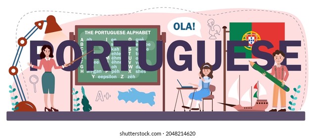 Encabezado tipográfico portugués. Curso de portugués de la escuela de idiomas. Estudiar idiomas extranjeros con hablante nativo. Idea de comunicación global. Ilustración vectorial plana