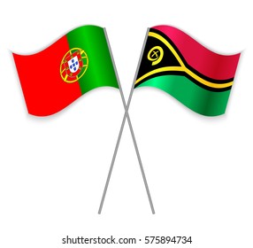 Portuguese and Vanuatuan crossed flags. Portugal combined with Vanuatu isolated on white. Language learning, international business or travel concept.