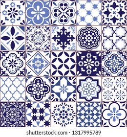 Portuguese vector Azulejo tile seamless pattern, Lisbon retro old tiles mosaic, Mediterranean repetitive navy blue textile design
	
Ornamental pretty background inspired by Spanish tile art