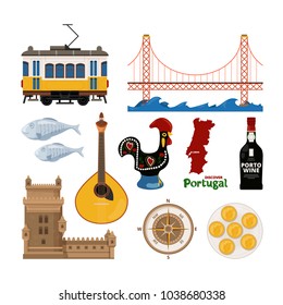 Portuguese vector icon set in flat style. Illustration of rooster and travel to lisbon, traditional castle flat