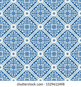 Portuguese Vector Tile Azulejo Pattern. Seamless Lisbon Blue on White Mosaic Square Background. Traditional Floral Ceramic Mediterranean Style Design. All Over Print in Repeat EPS10 