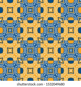 Portuguese Vector Tile Azulejo Pattern. Seamless Lisbon Blue Yellow on White Mosaic Square Background. Traditional Floral Ceramic Mediterranean Style Design. Geometric All Over Print in Repeat EPS10
