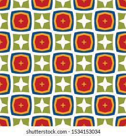 Portuguese Vector Tile Azulejo Pattern. Seamless Lisbon Blue Yellow on White Mosaic Square Background. Traditional Floral Ceramic Mediterranean Style Design. Geometric All Over Print in Repeat EPS10