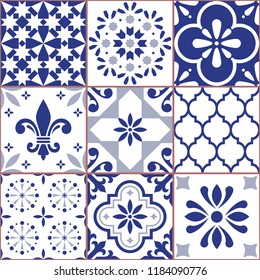 Portuguese vector tile seamless pattern, Azluejo tiles mosaic in navy blue, abstract and floral designs.
Ornamental textile background inspired traditional tiles from Spain and Portugal