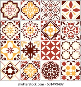Portuguese vector tiles, Lisbon art pattern, Mediterranean seamless ornament in brown and yellow