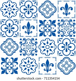 Portuguese vector tiles pattern, Lisbon seamless indigo blue tile design, Azulejos vintage geometric ceramics. Floral and abstract texture set, repetitive background inspired by traditional art