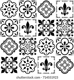 Portuguese vector tiles pattern, Lisbon seamless black and white tile design, Azulejos vintage geometric ceramics 