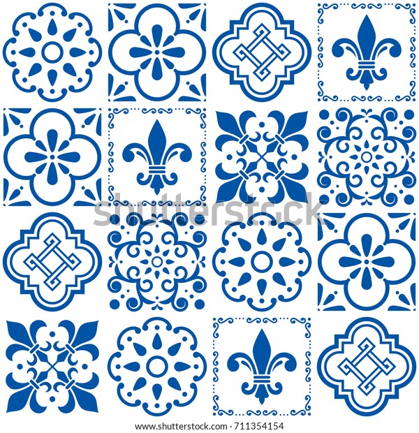 ポルトガルのベクター画像タイル柄 リスボンのシームレスな藍色のタイル デザイン アズレホスのビンテージ幾何学セラミックス 伝統的なアートからヒントを得た反復的な背景に花柄と抽象的なテクスチャーセット のベクター画像素材 ロイヤリティフリー
