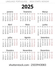 PORTUGUESE vertical calendar for 2025 year. Printable vector illustration for Portugal
