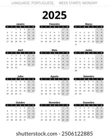 Calendario de Vertical PORTUGUÉS para 2025. Ilustración vectorial imprimible en colores oscuros para Portugal