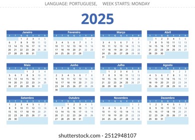 Calendario de Vertical PORTUGUÉS para 2025. Ilustración vectorial imprimible en colores azules para Portugal