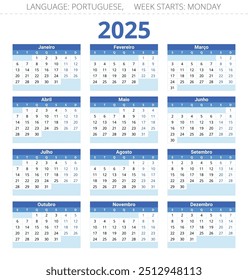 Calendario de Vertical PORTUGUÉS para 2025. Ilustración vectorial imprimible en colores azules para Portugal