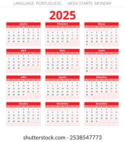 Calendario de Vertical PORTUGUÉS para 2025. Ilustración vectorial imprimible en colores rojos para Portugal