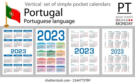 Portuguese vertical pocket calendar for 2023 (two thousand twenty three). Week starts Monday. New year. Color simple design. Vector