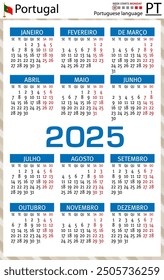 Portuguese vertical pocket calendar for 2025 (two thousand twenty five). Week starts Monday. New year. Color simple design. Vector
