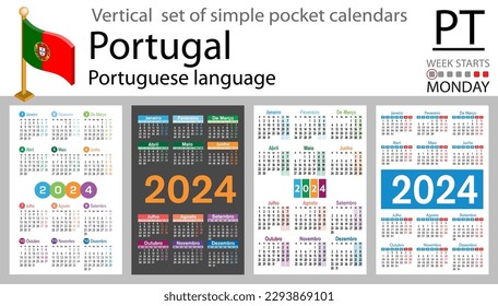 Portuguese vertical set of pocket calendar for 2024 (two thousand twenty four). Week starts Monday. New year. Color simple design. Vector