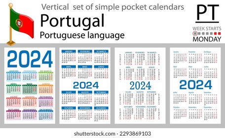 Conjunto vertical portugués de calendario de bolsillo para 2024 (dos mil veinticuatro). La semana empieza el lunes. Año nuevo. Diseño sencillo en color. Vector