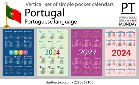 Portuguese vertical set of pocket calendar for 2024 (two thousand twenty four). Week starts Monday. New year. Color simple design. Vector