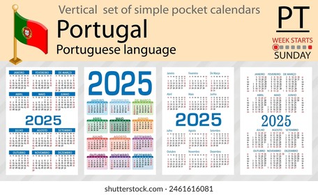 Portuguese vertical set of pocket calendar for 2025 (two thousand twenty five). Week starts Sunday. New year. Color simple design. Vector