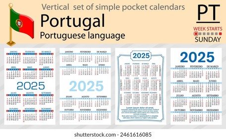 Portuguese vertical set of pocket calendar for 2025 (two thousand twenty five). Week starts Sunday. New year. Color simple design. Vector