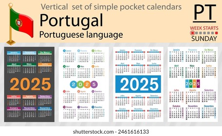 Portuguese vertical set of pocket calendar for 2025 (two thousand twenty five). Week starts Sunday. New year. Color simple design. Vector