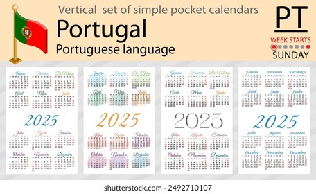 Portuguese vertical set of pocket calendar for 2025 (two thousand twenty five). Week starts Sunday. New year. Color simple design. Vector