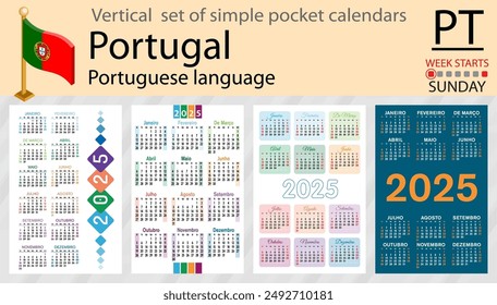 Portuguese vertical set of pocket calendar for 2025 (two thousand twenty five). Week starts Sunday. New year. Color simple design. Vector