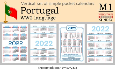 Portuguese vertical set of pocket calendars for 2022 (two thousand twenty two). Week starts Sunday. New year. Color simple design. Vector