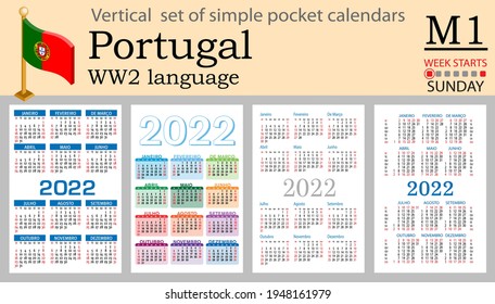 Portuguese vertical set of pocket calendars for 2022 (two thousand twenty two). Week starts Sunday. New year. Color simple design. Vector