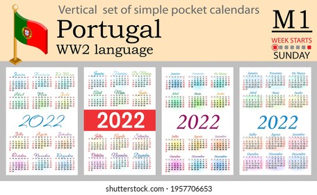 Portuguese vertical set of pocket calendars for 2022 (two thousand twenty two). Week starts Sunday. New year. Color simple design. Vector