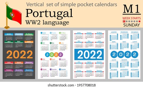 Portuguese vertical set of pocket calendars for 2022 (two thousand twenty two). Week starts Sunday. New year. Color simple design. Vector