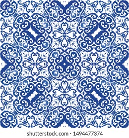 Portuguese vintage azulejo tiles. Bathroom design. Vector seamless pattern watercolor. Blue antique background for pillows, print, wallpaper, web backdrop, towels, surface texture.