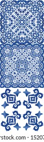 Portuguese vintage azulejo tiles. Bathroom design. Collection of vector seamless patterns. Blue antique backgrounds for pillows, print, wallpaper, web backdrop, towels, surface texture.