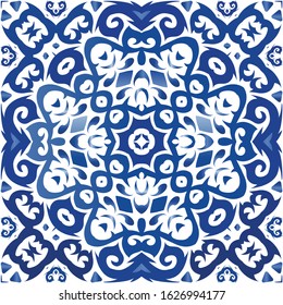 Portuguese vintage azulejo tiles. Bathroom design. Vector seamless pattern arabesque. Blue antique background for pillows, print, wallpaper, web backdrop, towels, surface texture.