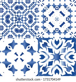 Portuguese vintage azulejo tiles. Bathroom design. Collection of vector seamless patterns. Blue antique backgrounds for pillows, print, wallpaper, web backdrop, towels, surface texture.