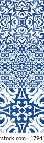 Portuguese vintage azulejo tiles. Bathroom design. Set of vector seamless patterns. Blue antique backgrounds for pillows, print, wallpaper, web backdrop, towels, surface texture.