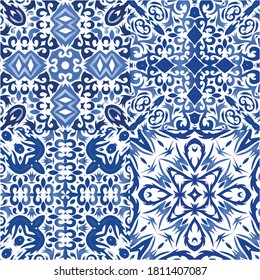 Portuguese vintage azulejo tiles. Bathroom design. Set of vector seamless patterns. Blue antique backgrounds for pillows, print, wallpaper, web backdrop, towels, surface texture.