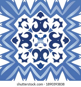 Portuguese vintage azulejo tiles. Bathroom design. Vector seamless pattern elements. Blue antique background for pillows, print, wallpaper, web backdrop, towels, surface texture.