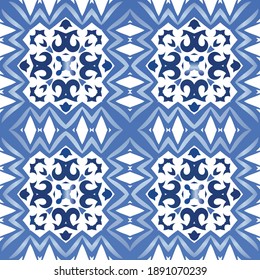 Portuguese vintage azulejo tiles. Bathroom design. Vector seamless pattern elements. Blue antique background for pillows, print, wallpaper, web backdrop, towels, surface texture.