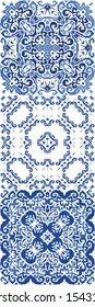 Portuguese vintage azulejo tiles. Collection of vector seamless patterns. Fashionable design. Blue antique backgrounds for pillows, print, wallpaper, web backdrop, towels, surface texture.