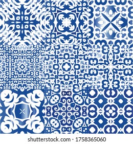 Portuguese vintage azulejo tiles. Collection of vector seamless patterns. Fashionable design. Blue antique backgrounds for pillows, print, wallpaper, web backdrop, towels, surface texture.